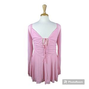 Pink Mini Dress with Tie Front and Bell Sleeve in Size XL